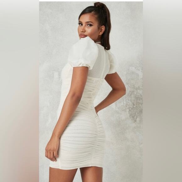 MISGUIDED WHITE MESH PUFF SLEEVE MILKMAID BODYCON MINI DRESS SIZE 6 - Picture 2 of 9